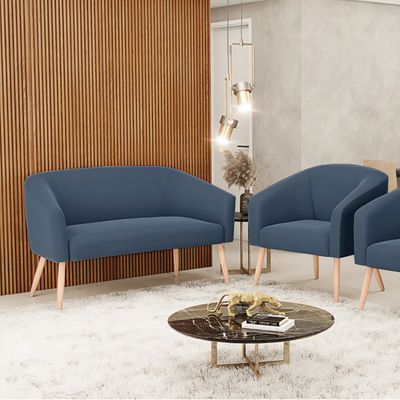 Sofá 2 Lugares 1 Poltrona Stella Pés Palito Natural Suede Azul Marinho D03 - D'Rossi