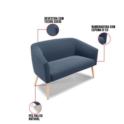 Sofá 2 Lugares 1 Poltrona Stella Pés Palito Natural Suede Azul Marinho D03 - D'Rossi
