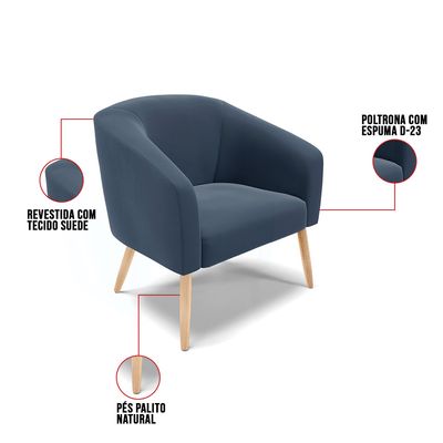 Poltrona Decorativa Pé Palito Natural Stella Suede Azul Marinho D03 - D'Rossi