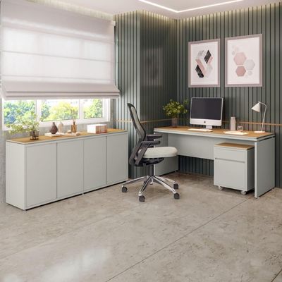 Conjunto De Escritório Office 3 Peças Mesa Gaveteiro Balcão - Fendi E Freijó Fendi E Freijó