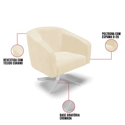 Poltrona Sala Decorativa Kit 2 Stella Giratória Cromada Sintético PU Bege D03 - D'Rossi