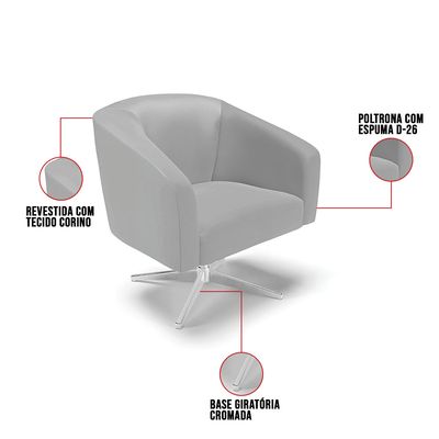 Poltrona Sala Decorativa Kit 2 Stella Base Giratória Cromada Sintético Cinza D03 - D'Rossi