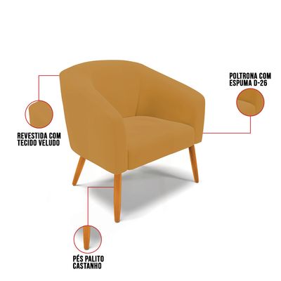 Poltrona Sala Decorativa Kit 2 Stella Pé Palito Castanho Veludo Mostarda D03 - D'Rossi