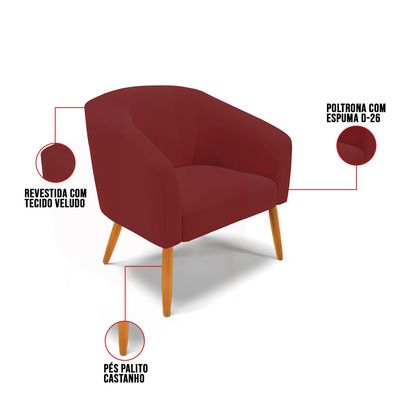 Poltrona Sala Decorativa Kit 2 Stella Pé Palito Castanho Veludo Marsala D03 - D'Rossi