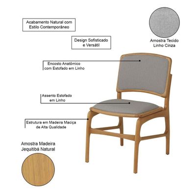 Jogo 4 Cadeiras Para Jantar Florença Madeira Jequitibá Natural Encosto E Assento Em Tecido Linho Cin
