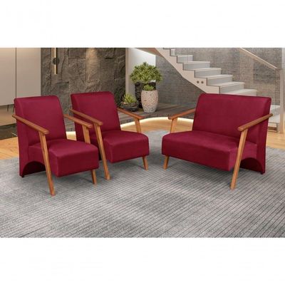 Conjunto Venus Braços Em Madeira Maciça 1 Namoradeira 2 Poltronas Suede Unidecor Bordô