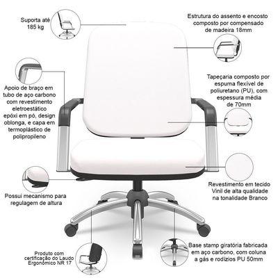 Cadeira De Escritório Giratória Com Braço Cromada Magno P03 Vinil Branco - Lyam Decor