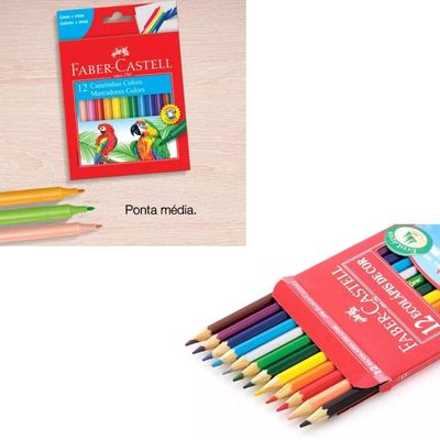 Kit Escolar Infantil Lápis De Cor + Canetinha Hidrográfica 12 Cores Faber-castell