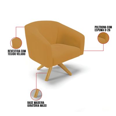 Poltrona Sala Decorativa Kit 2 Stella Base de Madeira Giratória MA30 Veludo Mostarda D03 - D'Rossi