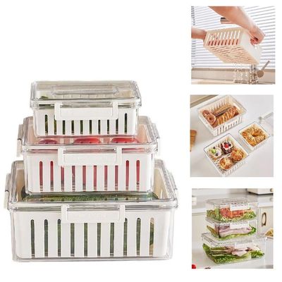Kit 3 Potes Hermeticos Organizador Geladeira Fresh Box Com Cesta Escorredor Removivel Acrilico Marmita Frutas Legumes Al