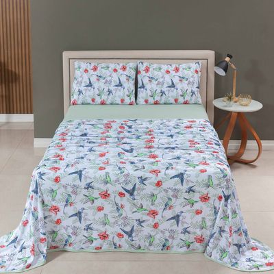 Jogo Cama Lençol Sonnet King Malha Estampada 100% Algodão 4 Peças - Beija Flor - Verde