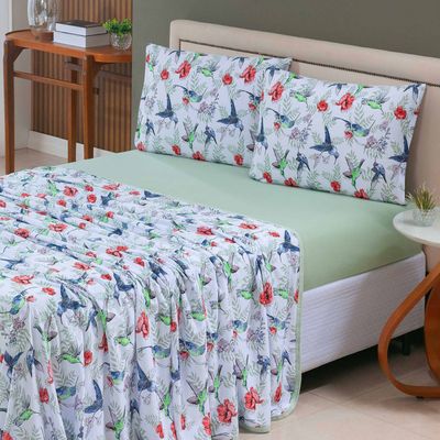 Jogo Cama Lençol Sonnet King Malha Estampada 100% Algodão 4 Peças - Beija Flor - Verde