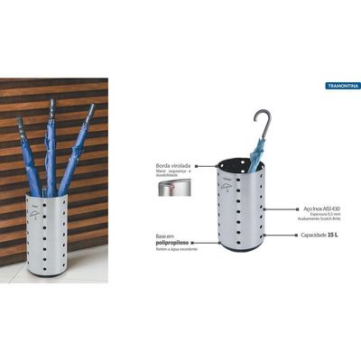 Porta Guarda-Chuva Tramontina Cápsula Dry em Aço Inox com Acabamento Scotch Brite e Base em Polipropileno 15 L