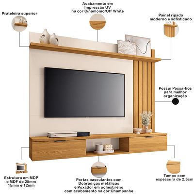 Painel Para TV 55 Pol com Bancada Suspensa Lake B01 Cinamomo Off White - Lyam Decor