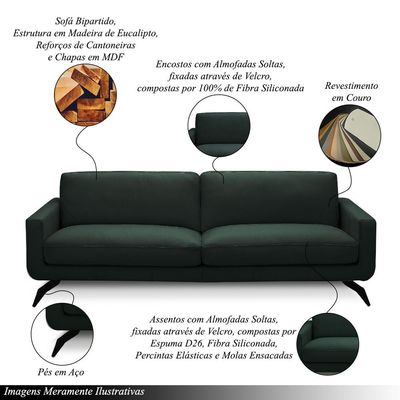Sofá Decorativo Thalia 4 Lugares Sala de estar 270cm Pés em Aço Couro Verde Musgo G88 - Gran Belo