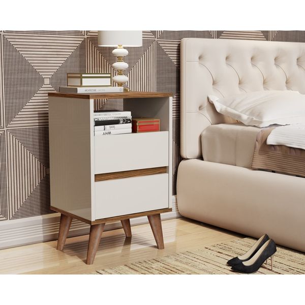 Mesa de Cabeceira Classic Plus 2 Gavetas Pés Palito Retrô - cor Off / Freijo - Comprar Móveis em Casa