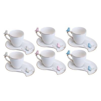 Conjunto 06 Xícaras De Café De Porcelana Cute Birds Design Plate 90 Ml Wolff