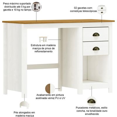 Mesa Para Escritório Escrivaninha Home Office 2 Gavetas Mazzaro F06 Branco Freijó - Lyam Decor