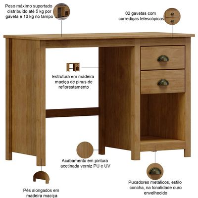 Mesa Para Escritório Escrivaninha Home Office 2 Gavetas Mazzaro F06 Freijó - Lyam Decor