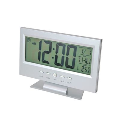 Relógio de Mesa Digital Multifunciona LCD Led Despertador Termômetro - Cor:Prateado