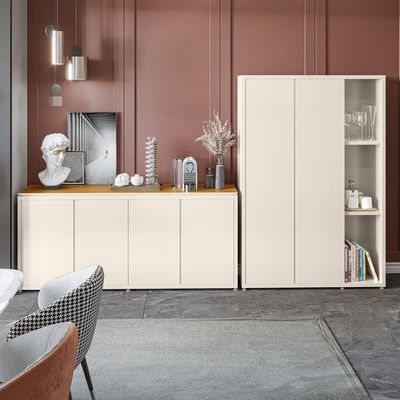 Conjunto Sala De Jantar 2 Peças Armário Alto E Buffet Balcão - Off White E Cedro Off White E Cedro