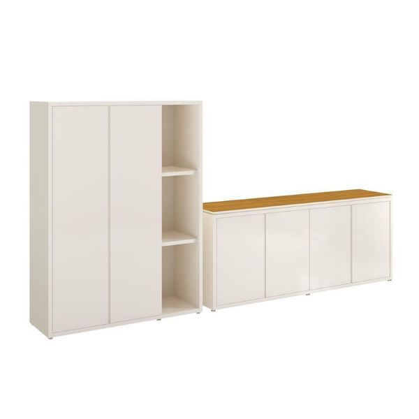 Conjunto Sala De Jantar 2 Peças Armário Alto E Buffet Balcão - Off White E Cedro Off White E Cedro