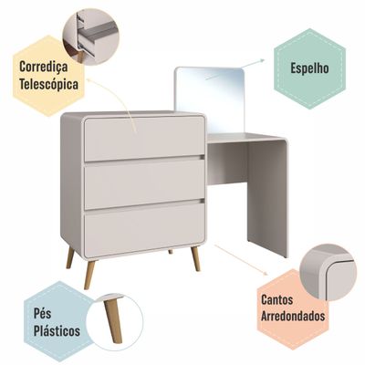 Cômoda Penteadeira 3 Gavetas Curve Bege Dunas Completa Móveis