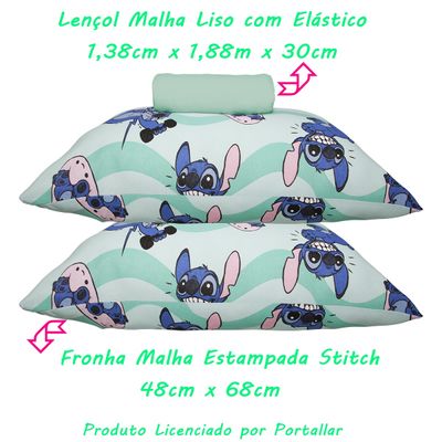 Jogo de Lençol KazzaVip Casal Malha 100% Algodão Play Disney Stitch Fit 3 Peças Verde