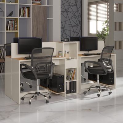 Estação De Trabalho 4 Lugares Office Tech 4 Mesas 2 Armários - Off White E Cedro Off White E Cedro