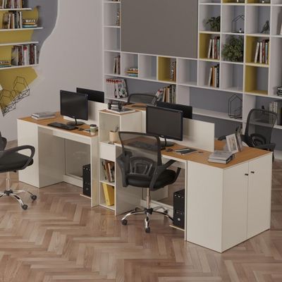 Estação De Trabalho 4 Lugares Office Tech 4 Mesas 2 Armários - Off White E Cedro Off White E Cedro
