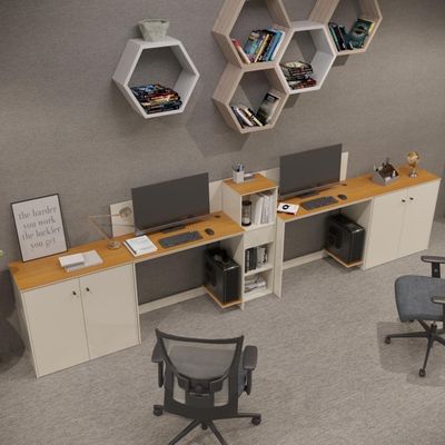 Conjunto De Escritório Tech 1 Livreiro 2 Buffet E 2 Mesas 90 - Off White E Cedro Off White E Cedro