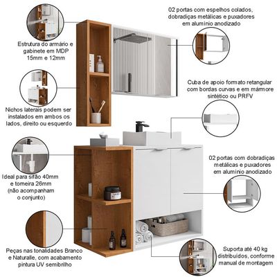 Gabinete Para Banheiro Com Cuba e Espelho Siesta B02 Branco Naturalle - Lyam Decor