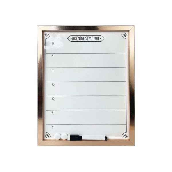 Quadro Magnético Branco Le Planejamento Semanal com Marcador e Imãs Rosé Gold 35,5x27,9cm