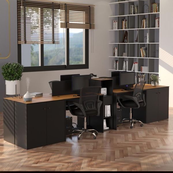 Estação De Trabalho 4 Lugares Office Tech 4 Mesas 2 Armários - Preto E Cedro Preto E Cedro