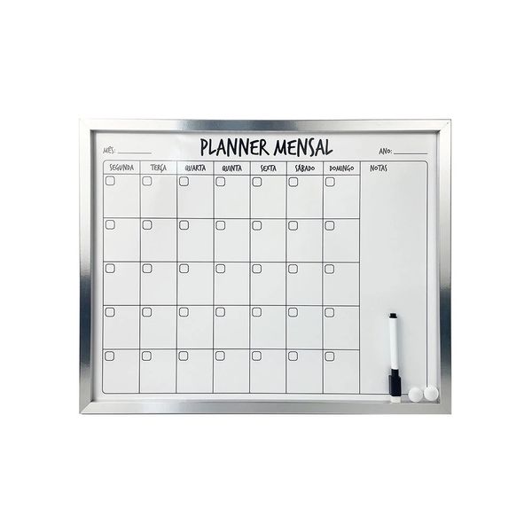 Quadro Magnético Branco Le Planejamento Mensal Borda Prata com Marcador e Imãs 48,5x38,5cm