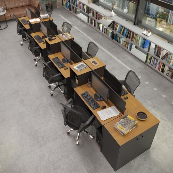 Estação De Trabalho 8 Lugares Tech Office 8 Mesas 6 Armários - Preto E Cedro Preto E Cedro
