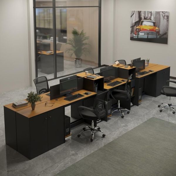 Estação De Trabalho 6 Lugares Tech Office 6 Mesas 4 Armários - Preto E Cedro Preto E Cedro