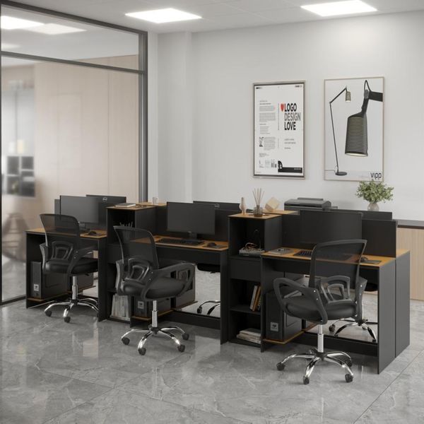 Estação De Trabalho 6 Lugares Office Tech 6 Mesas 4 Armários - Preto E Cedro Preto E Cedro