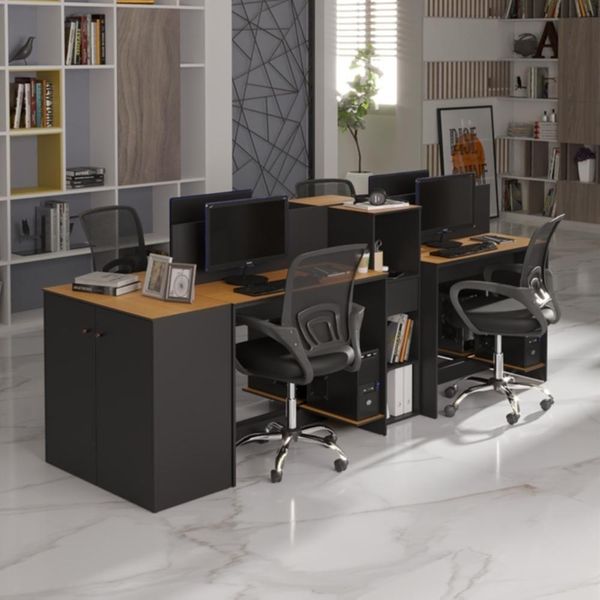 Estação De Trabalho 4 Lugares Office Tech 4 Mesas 2 Armários - Preto E Cedro Preto E Cedro