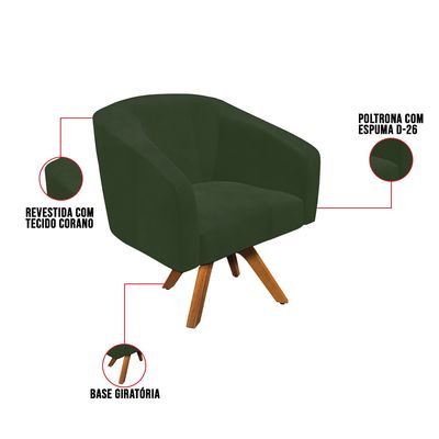 Poltrona Decorativa Kit 2 Stella Base de Madeira Giratória MM30 Sintético PU Verde D03 - D'Rossi
