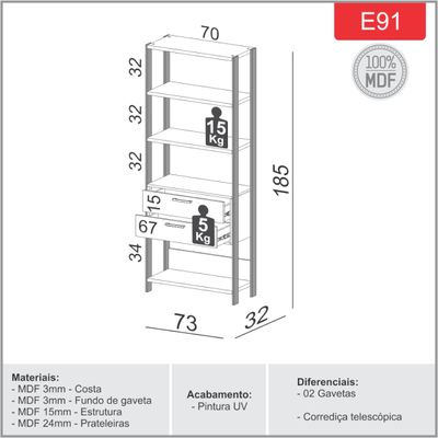 Estante 5 Prateleiras 2 Gavetas Freijó/Preto Fosco 73 x 32 x 185 cm Dalla Costa E91
