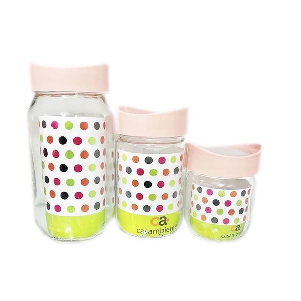 Conjunto de Potes para Mantimentos de Vidro Casambiente com Tampa Rosa com 3 Peças