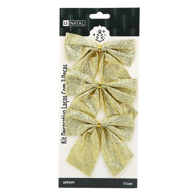 Kit Laço de Natal Le Dourado Liso 3 Unidades 11cm