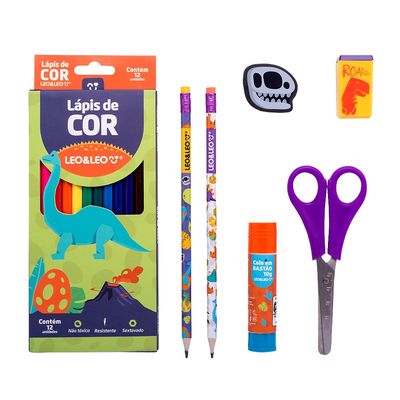 Kit Escolar Dino Leo&Leo 12 Lápis de Cor + Borracha + Apontador + Cola + Régua + Tesoura