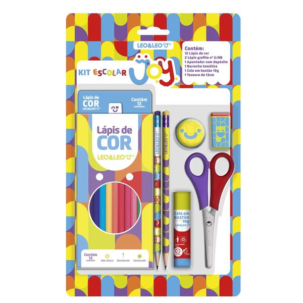 Kit Escolar Leo&Leo Joy 12 Lápis de Cor + Borracha + Apontador + Cola + Régua + Tesoura Kit Escolar Leo&Leo Joy 12 Lápis de Cor + Borracha + Apontador + Cola + Régua + Tesoura