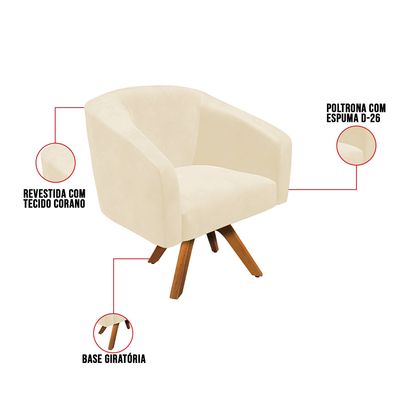 Poltrona Decorativa Kit 2 Stella Base de Madeira Giratória MM30 Sintético PU Bege D03 - D'Rossi