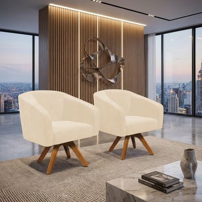 Poltrona Decorativa Kit 2 Stella Base de Madeira Giratória MM30 Sintético PU Bege D03 - D'Rossi