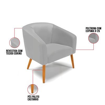 Poltrona Sala Dcorativa Kit 2 Stella Pé Palito Castanho Sintético Cinza D03 - D'Rossi