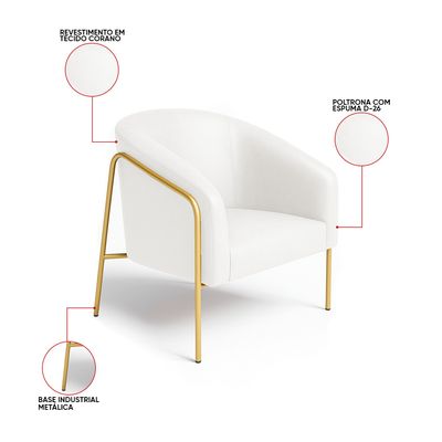 Poltrona Sala Industrial Alta Dourado Stella Sintético PU Branco D03 - D'Rossi
