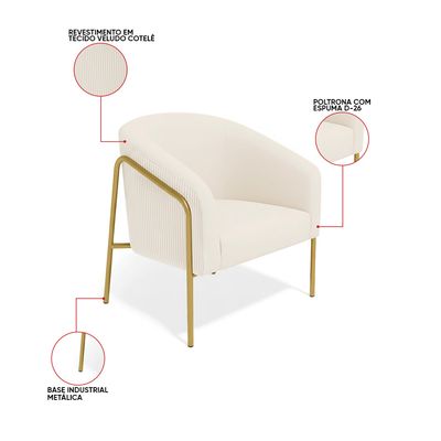 Poltrona Sala Decorativa Kit 2 Stella Base Alta Tubo Dourado Veludo Cotelê Bege D03 - D'Rossi